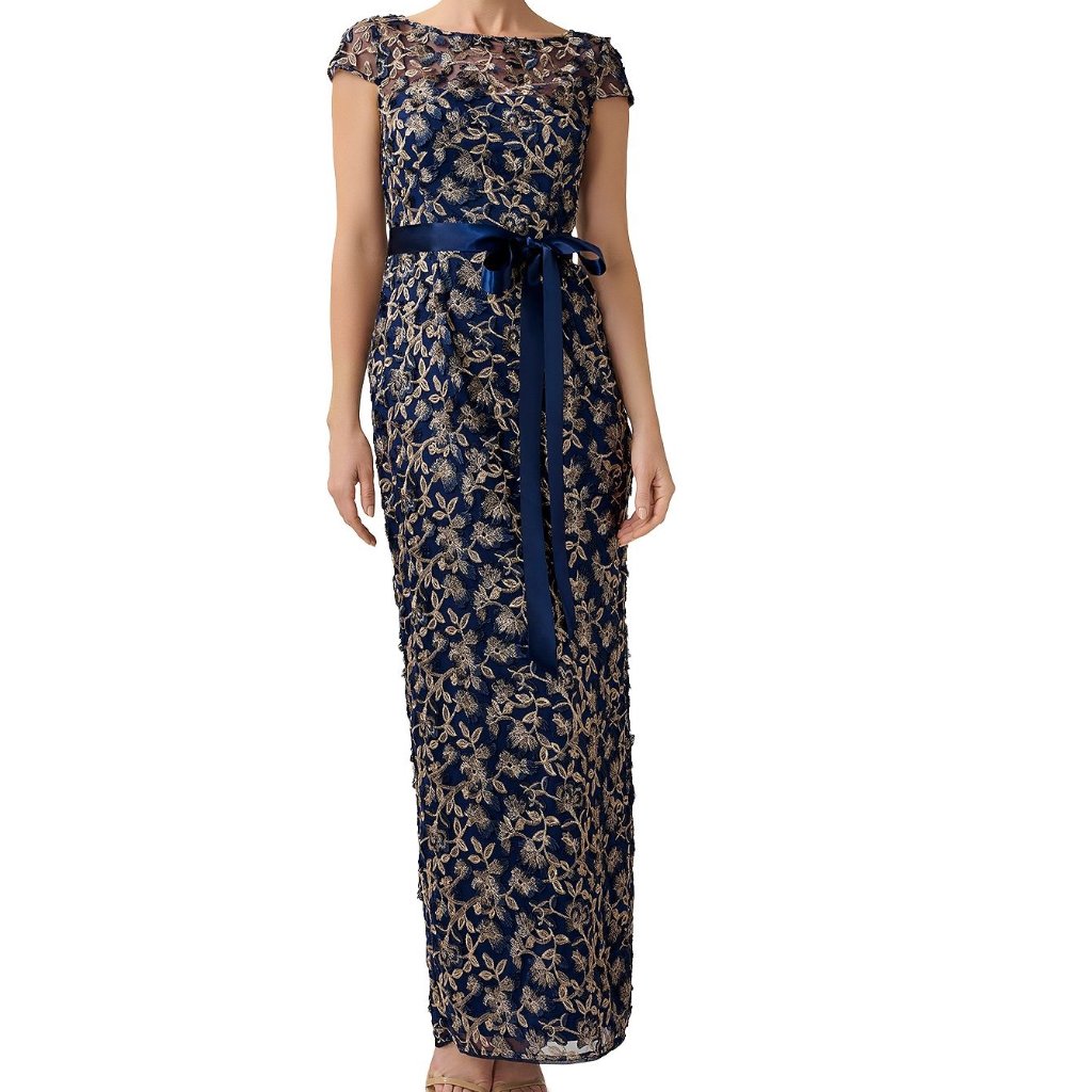 Adrianna Papell Women's Floral Embroidered Column Dress Blue 6 B4hp Missing Belt